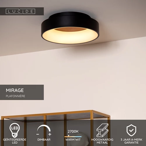 Lucide MIRAGE - Plafonnière - Ø 38 cm - LED Dimb. - 1x22W 2700K - Zwart - USP